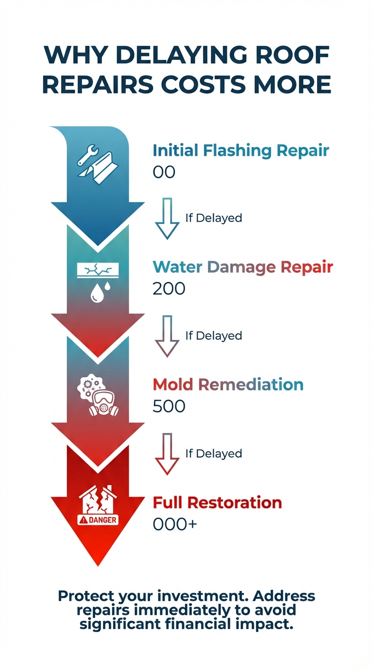Infographic showing how delaying roof repairs increases costs over time