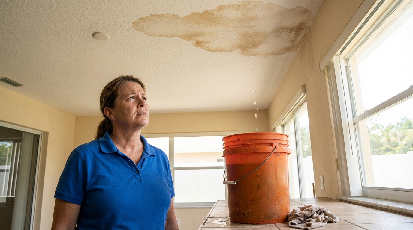 Homeowner looking at water stains and ceiling leak in a Thonotosassa FL home