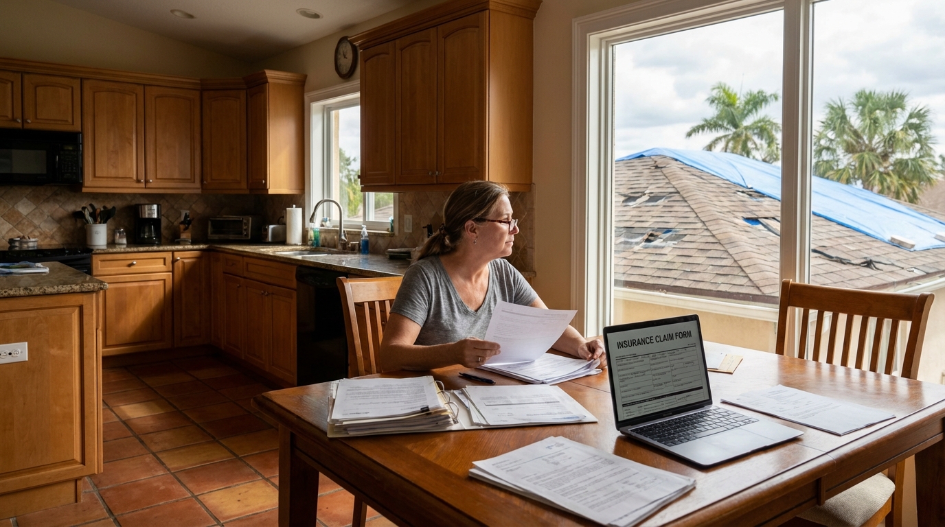Homeowner reviewing insurance claim paperwork after roof storm damage in Thonotosassa FL